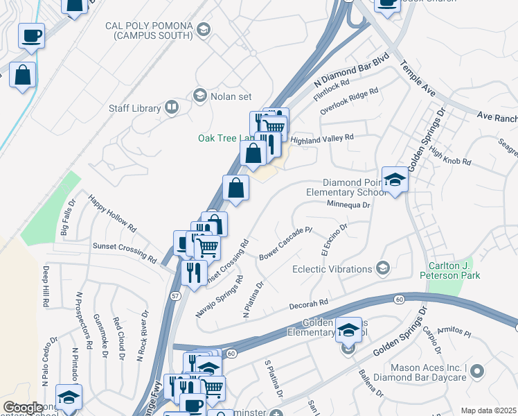 map of restaurants, bars, coffee shops, grocery stores, and more near 23653 Sunset Crossing Road in Diamond Bar