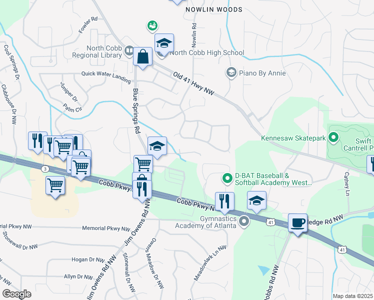 map of restaurants, bars, coffee shops, grocery stores, and more near 3315 Freedom Landing Northwest in Kennesaw