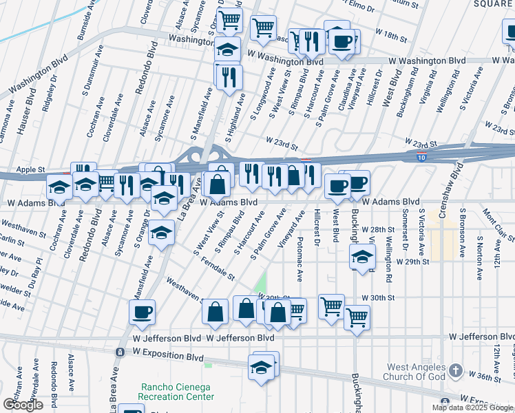 map of restaurants, bars, coffee shops, grocery stores, and more near 4860 West Adams Boulevard in Los Angeles