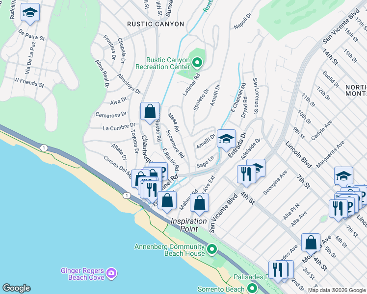 map of restaurants, bars, coffee shops, grocery stores, and more near 373 Mesa Road in Santa Monica