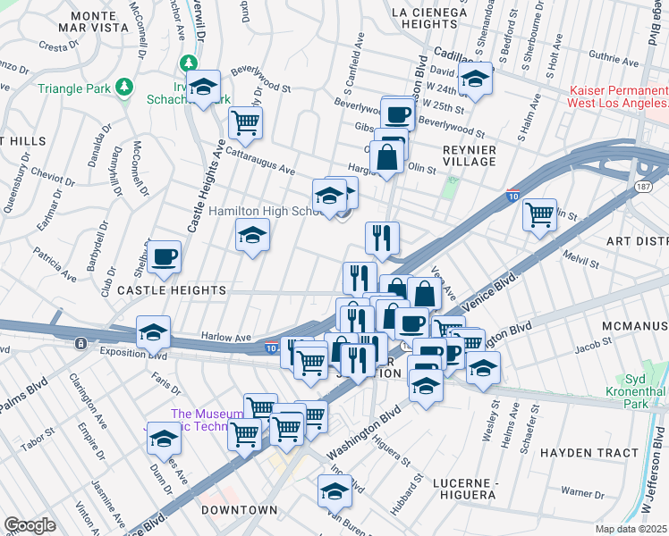 map of restaurants, bars, coffee shops, grocery stores, and more near 3107 Livonia Avenue in Los Angeles