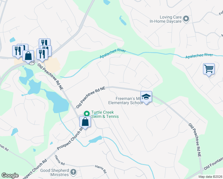 map of restaurants, bars, coffee shops, grocery stores, and more near 1635 Peachcrest Drive in Lawrenceville