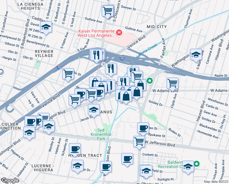 map of restaurants, bars, coffee shops, grocery stores, and more near 5963 Washington Boulevard in Culver City