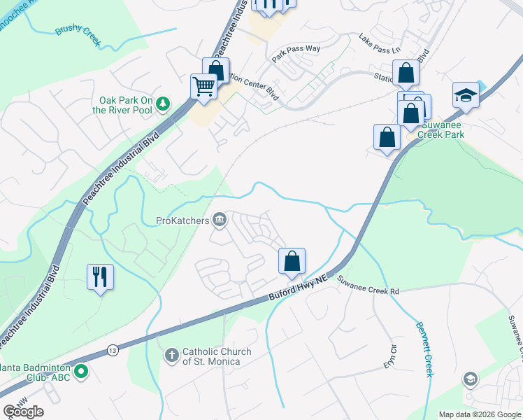 map of restaurants, bars, coffee shops, grocery stores, and more near 1526 Baxley Pine Trace in Suwanee