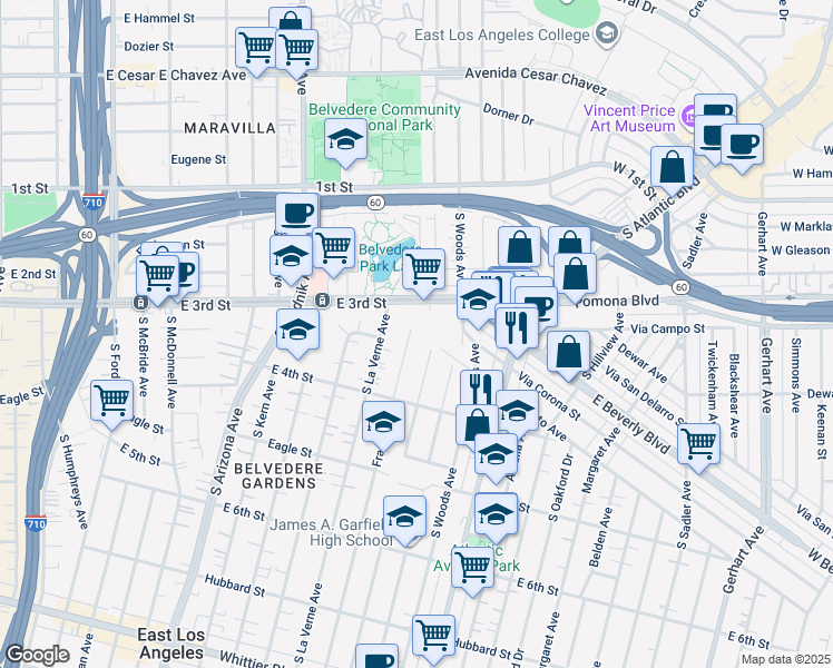 map of restaurants, bars, coffee shops, grocery stores, and more near 320 Fraser Avenue in East Los Angeles