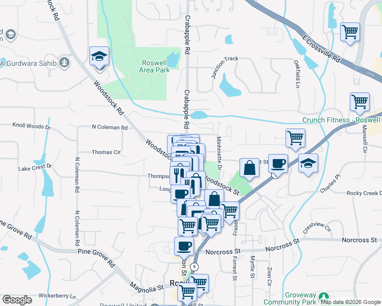 map of restaurants, bars, coffee shops, grocery stores, and more near 1224 Canton Street in Roswell