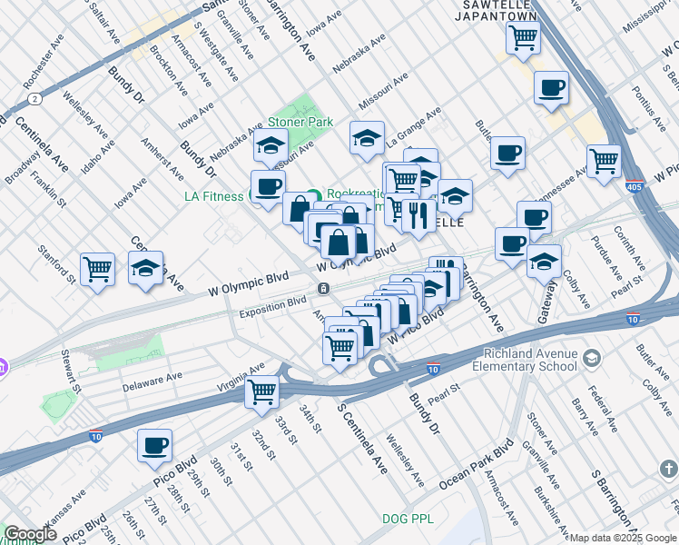 map of restaurants, bars, coffee shops, grocery stores, and more near 11900w West Olympic Boulevard in Los Angeles