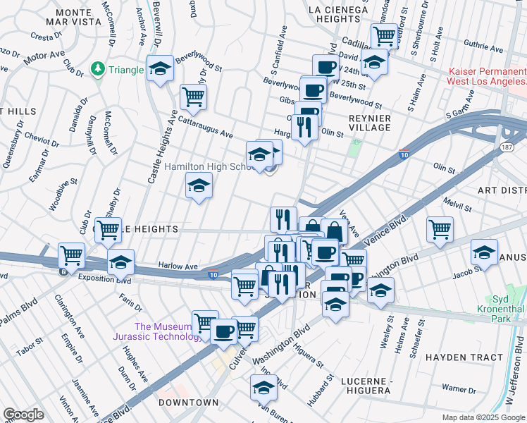 map of restaurants, bars, coffee shops, grocery stores, and more near 3107 Livonia Avenue in Los Angeles