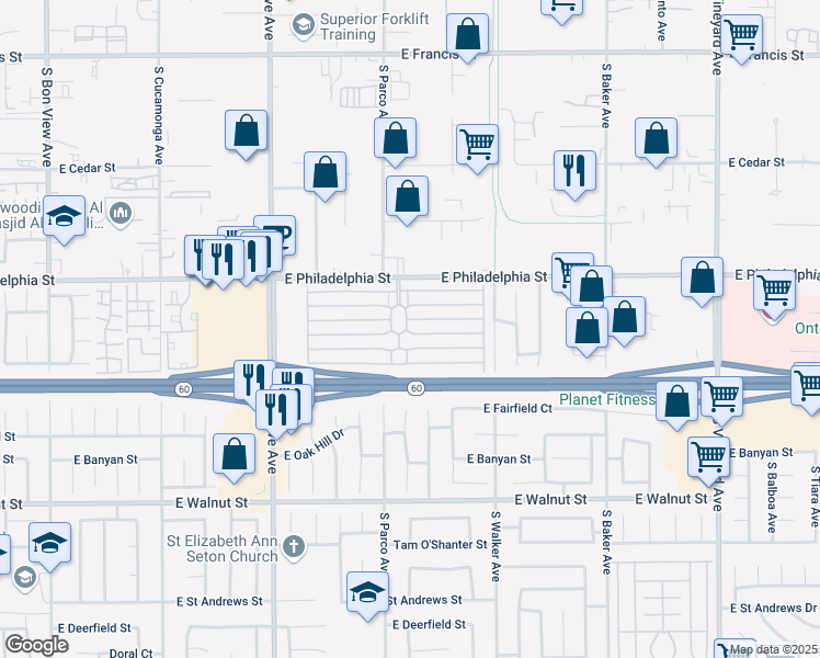 map of restaurants, bars, coffee shops, grocery stores, and more near 1456 East Philadelphia Street in Ontario