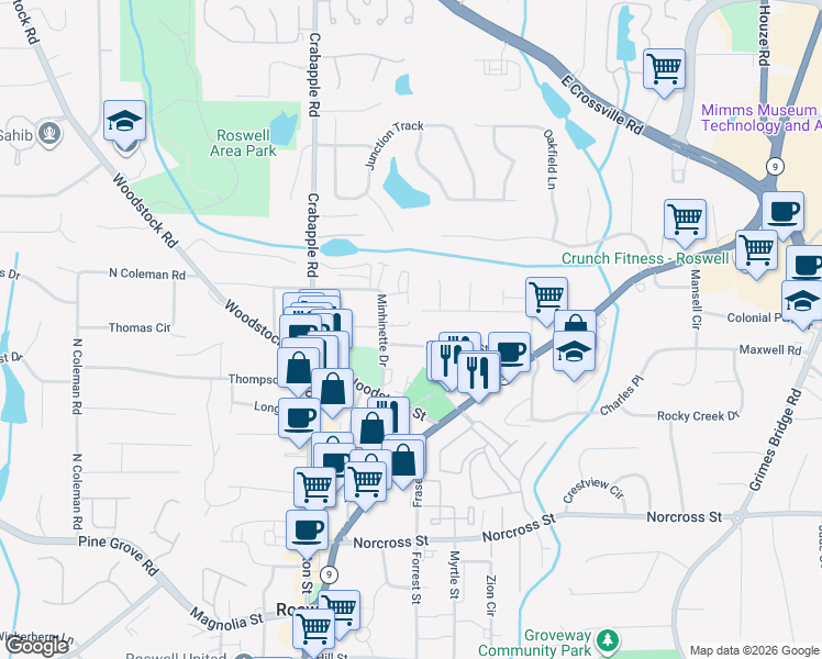 map of restaurants, bars, coffee shops, grocery stores, and more near 60 Tower Park Place in Roswell
