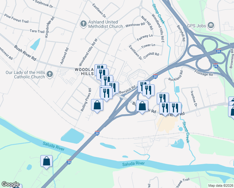 map of restaurants, bars, coffee shops, grocery stores, and more near Bush River Rd & Berryhill Rd in Seven Oaks