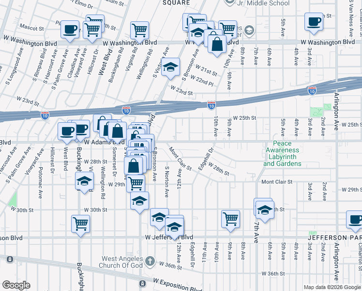 map of restaurants, bars, coffee shops, grocery stores, and more near 4222 West Adams Boulevard in Los Angeles