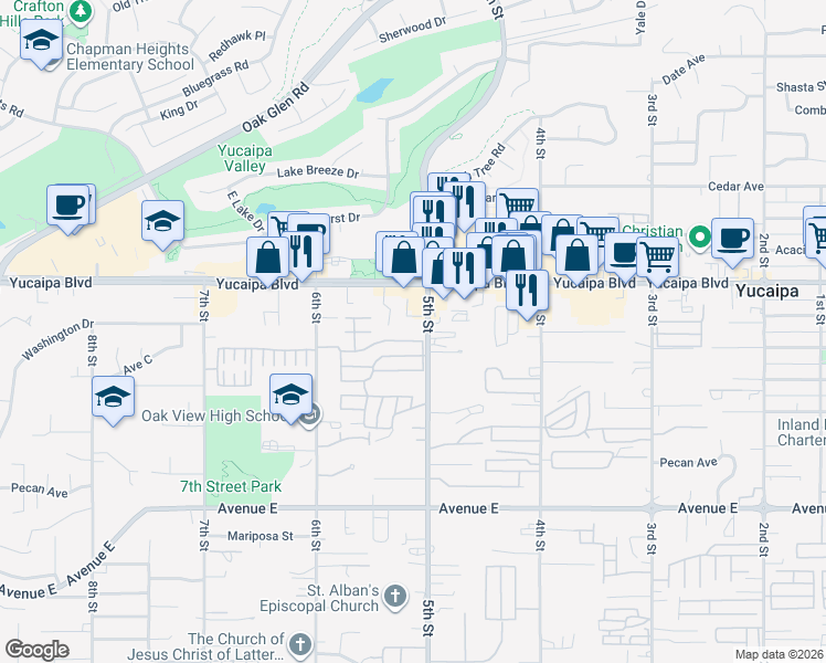 map of restaurants, bars, coffee shops, grocery stores, and more near 12182 5th Street in Yucaipa
