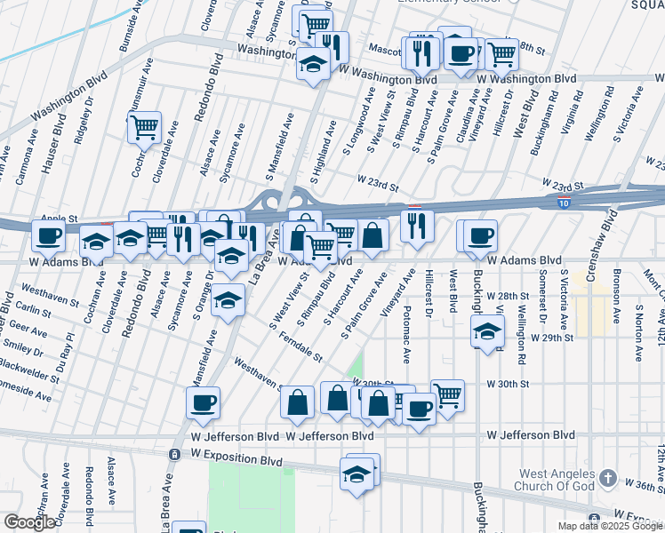 map of restaurants, bars, coffee shops, grocery stores, and more near 2608 South Rimpau Boulevard in Los Angeles