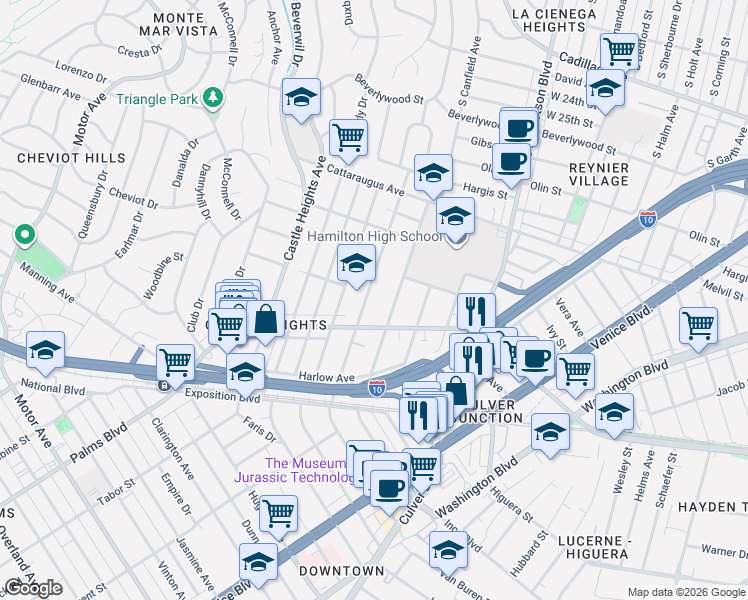 map of restaurants, bars, coffee shops, grocery stores, and more near 3200 Bagley Avenue in Los Angeles