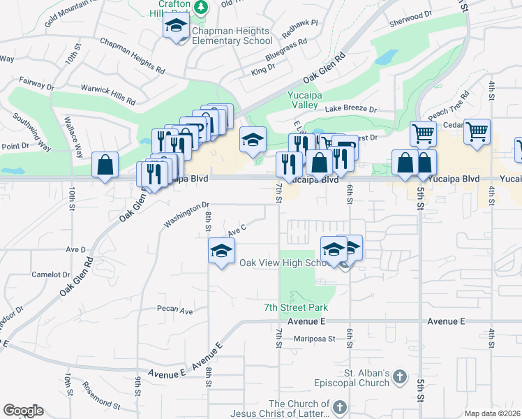 map of restaurants, bars, coffee shops, grocery stores, and more near 33847 Washington Drive in Yucaipa