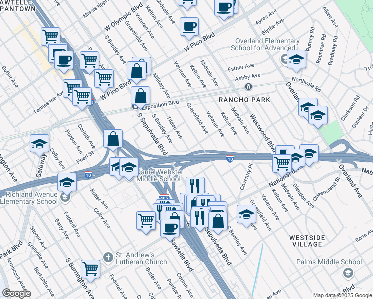 map of restaurants, bars, coffee shops, grocery stores, and more near 2657 Tilden Avenue in Los Angeles