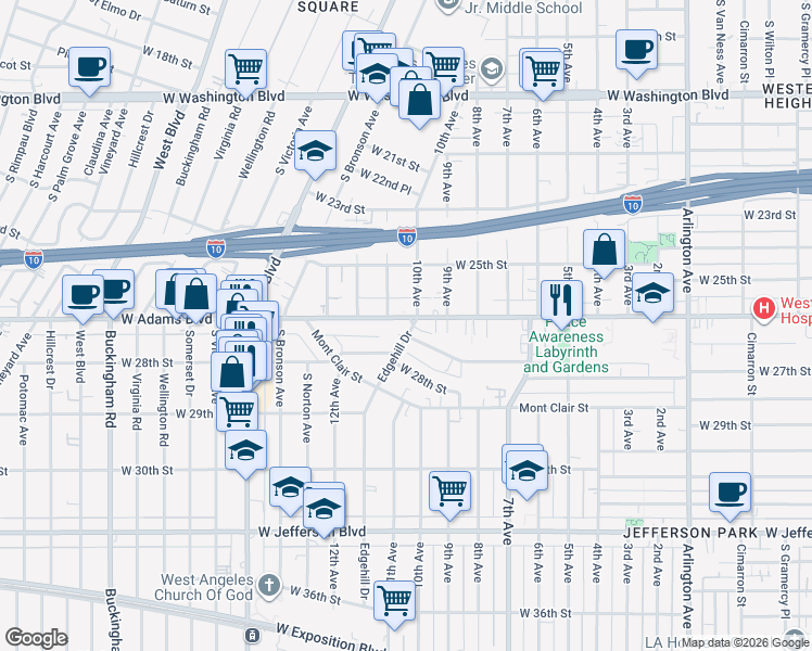 map of restaurants, bars, coffee shops, grocery stores, and more near 4002 West Adams Boulevard in Los Angeles