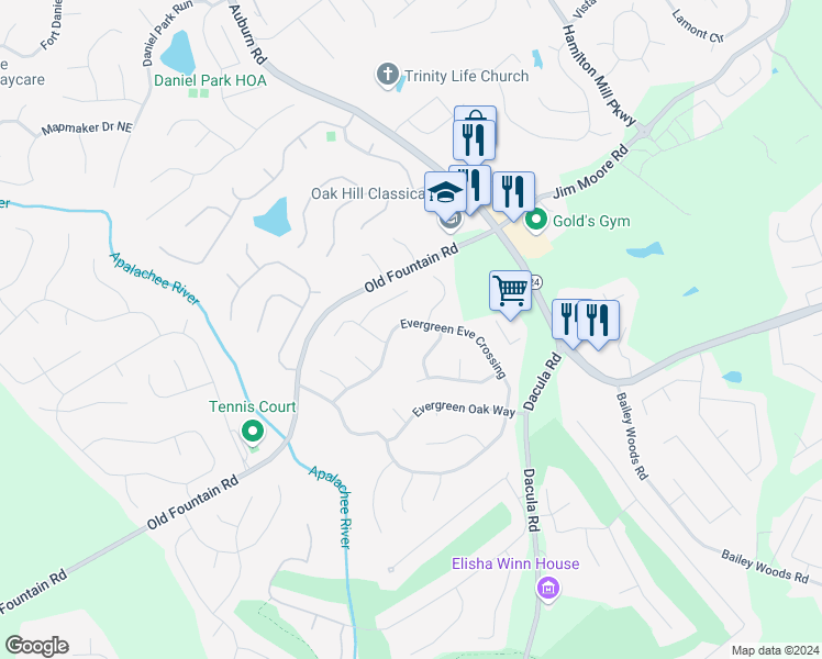 map of restaurants, bars, coffee shops, grocery stores, and more near 3100 Evergreen Eve Crossing in Dacula