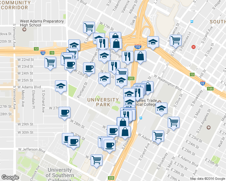 map of restaurants, bars, coffee shops, grocery stores, and more near W 23rd St & Bonsallo Ave in Los Angeles