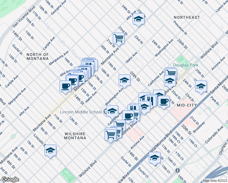 map of restaurants, bars, coffee shops, grocery stores, and more near 947 17th Street in Santa Monica