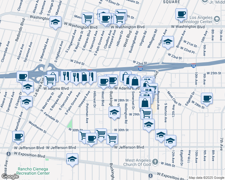 map of restaurants, bars, coffee shops, grocery stores, and more near 2617 Buckingham Road in Los Angeles