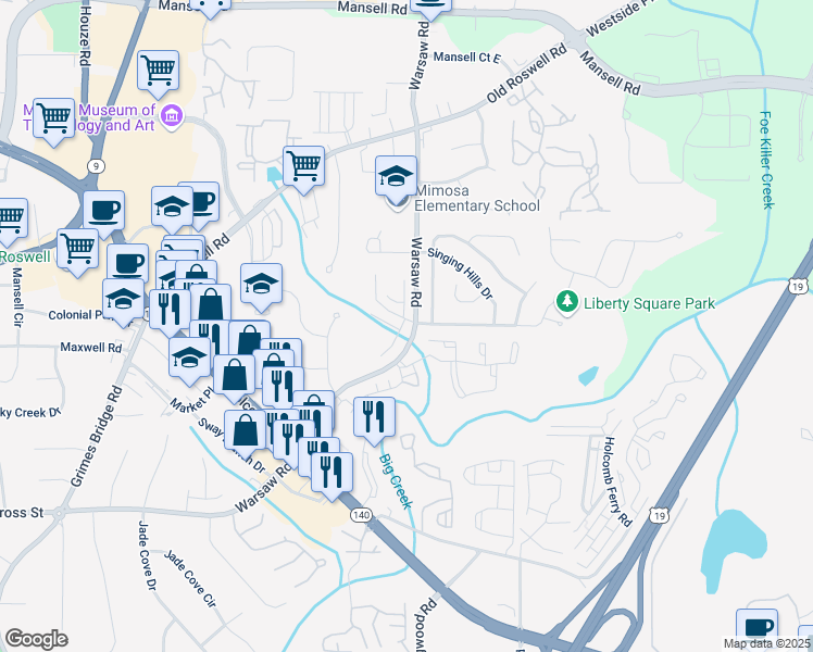 map of restaurants, bars, coffee shops, grocery stores, and more near 1284 Warsaw Road in Roswell
