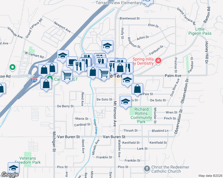 map of restaurants, bars, coffee shops, grocery stores, and more near 12218 Warbler Avenue in Grand Terrace