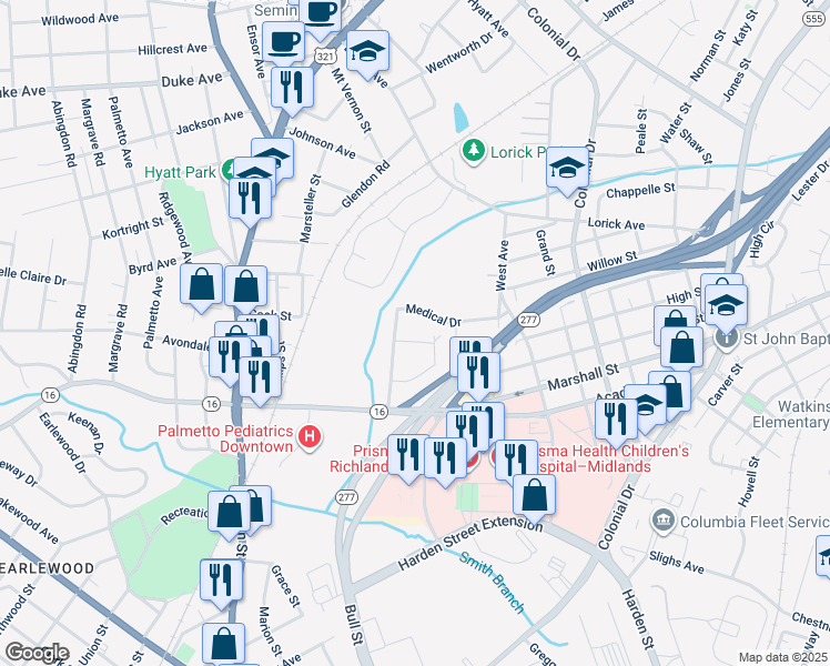 map of restaurants, bars, coffee shops, grocery stores, and more near 3518 Medical Drive in Columbia