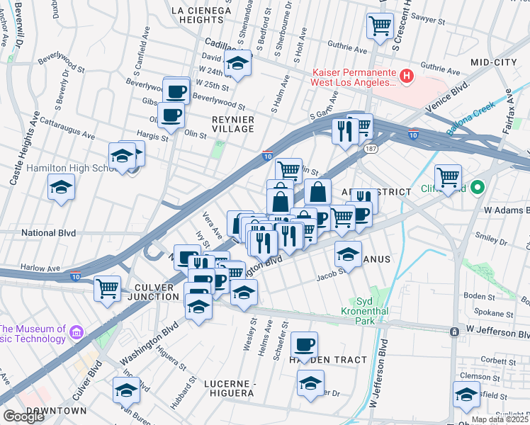 map of restaurants, bars, coffee shops, grocery stores, and more near 3203 South Sherbourne Drive in Los Angeles