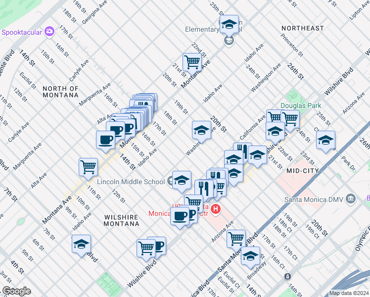 map of restaurants, bars, coffee shops, grocery stores, and more near 947 17th Street in Santa Monica