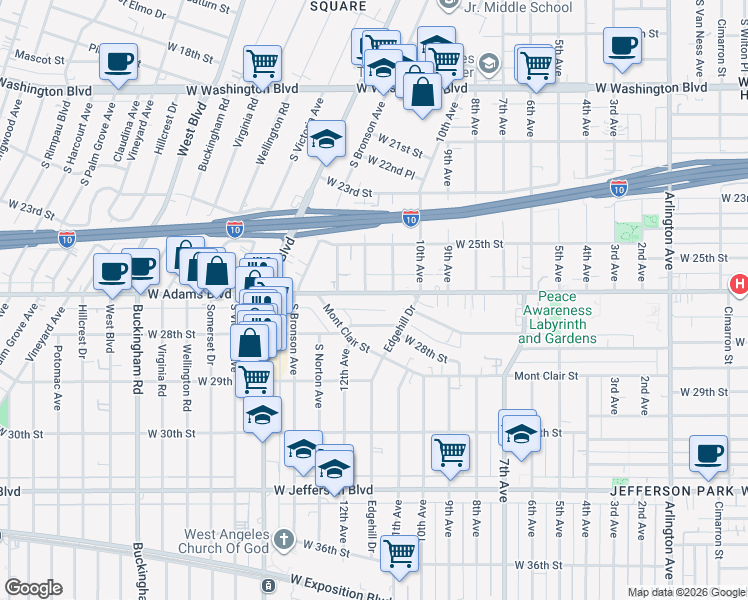 map of restaurants, bars, coffee shops, grocery stores, and more near 4037 West 28th Street in Los Angeles