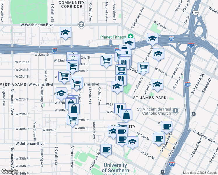 map of restaurants, bars, coffee shops, grocery stores, and more near 1158 West Adams Boulevard in Los Angeles