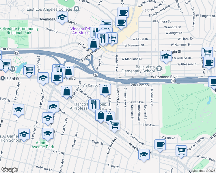 map of restaurants, bars, coffee shops, grocery stores, and more near 231 Blackshear Avenue in East Los Angeles