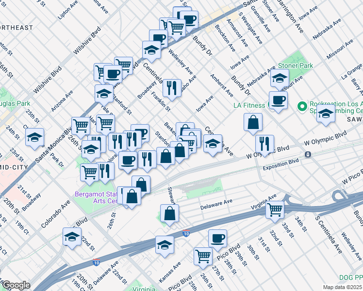 map of restaurants, bars, coffee shops, grocery stores, and more near 1742 Berkeley Street in Santa Monica