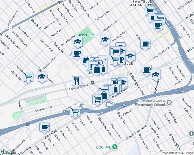map of restaurants, bars, coffee shops, grocery stores, and more near 11900W West Olympic Boulevard in Los Angeles