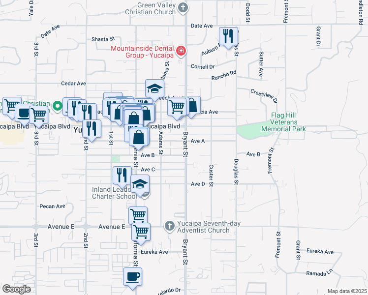 map of restaurants, bars, coffee shops, grocery stores, and more near 12184 Bryant Street in Yucaipa