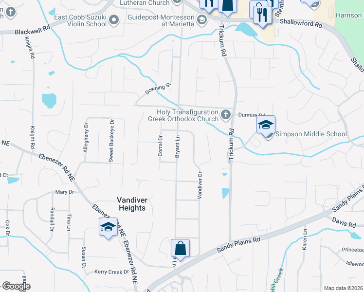 map of restaurants, bars, coffee shops, grocery stores, and more near 3370 Bryant Lane in Marietta