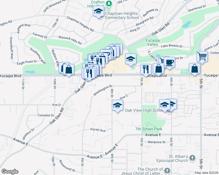 map of restaurants, bars, coffee shops, grocery stores, and more near 33685 Washington Drive in Yucaipa
