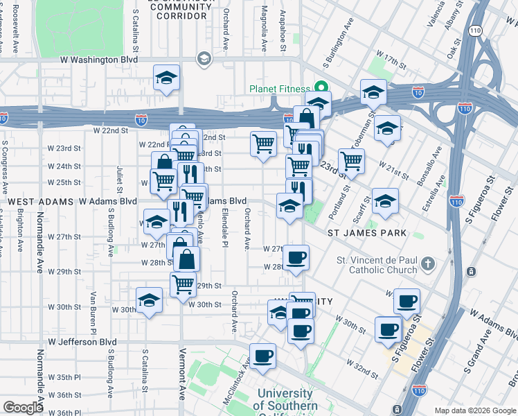 map of restaurants, bars, coffee shops, grocery stores, and more near 2622 Orchard Avenue in Los Angeles