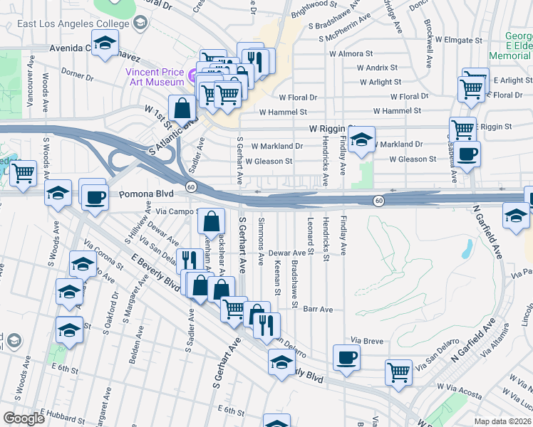 map of restaurants, bars, coffee shops, grocery stores, and more near 3613 Via Campo in Montebello