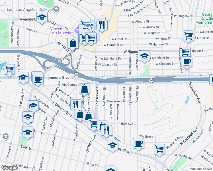 map of restaurants, bars, coffee shops, grocery stores, and more near 219 Simmons Avenue in Montebello