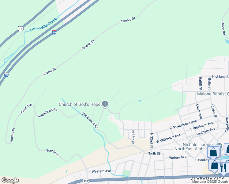 map of restaurants, bars, coffee shops, grocery stores, and more near 1107 Barron Avenue in Gadsden