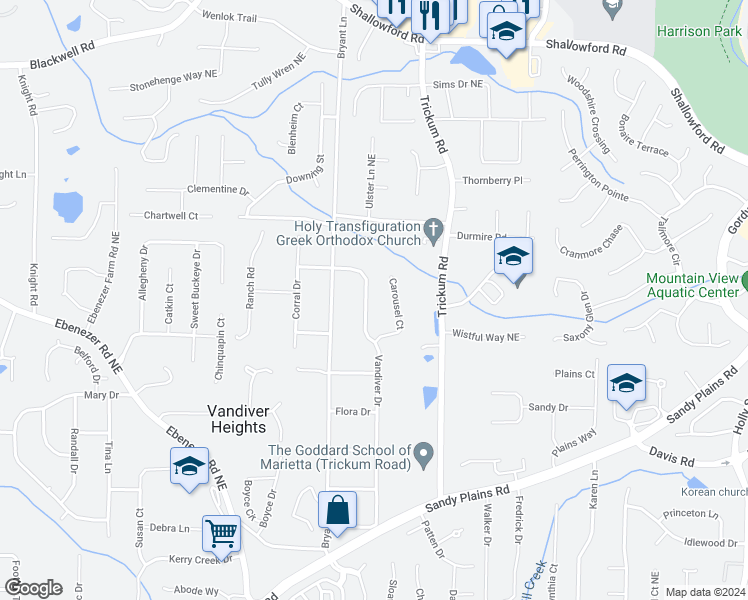 map of restaurants, bars, coffee shops, grocery stores, and more near 3380 Vandiver Drive in Marietta