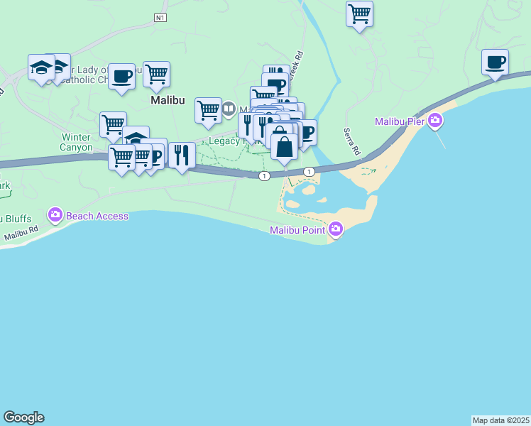 map of restaurants, bars, coffee shops, grocery stores, and more near 23505 Malibu Colony Road in Malibu