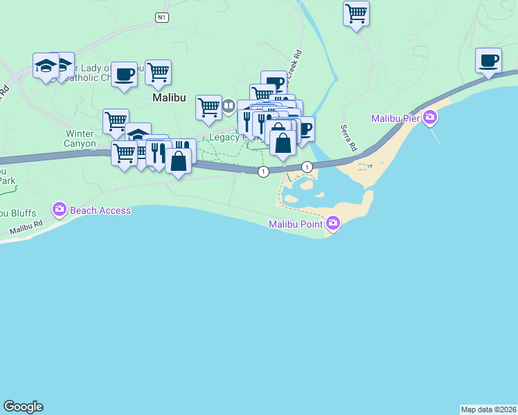 map of restaurants, bars, coffee shops, grocery stores, and more near 23530 Malibu Colony Road in Malibu