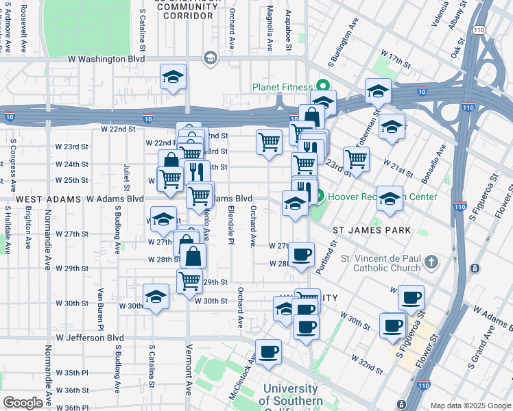 map of restaurants, bars, coffee shops, grocery stores, and more near 1226 West Adams Boulevard in Los Angeles