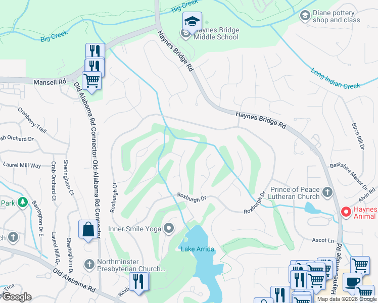 map of restaurants, bars, coffee shops, grocery stores, and more near 10305 Crescent Ridge Drive in Roswell