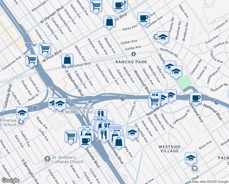 map of restaurants, bars, coffee shops, grocery stores, and more near Greenfield Avenue in Los Angeles