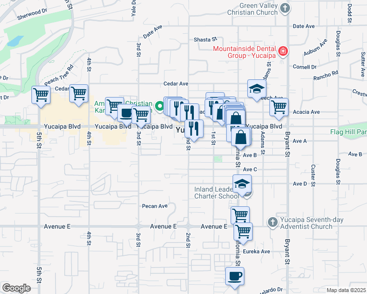 map of restaurants, bars, coffee shops, grocery stores, and more near 12198 2nd Street in Yucaipa